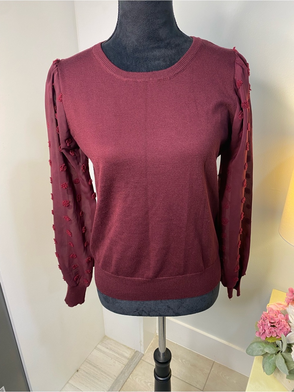 Women's Burgundy Crewneck Sweater with Knot-Detail Sleeves